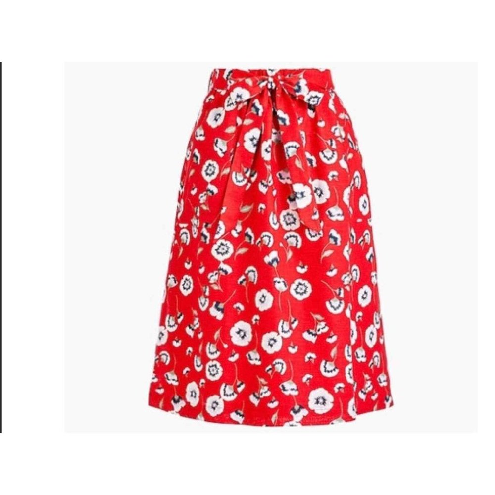 NWT J. Crew Red Floral Print, Tie Waist Midi Skirt sz Small